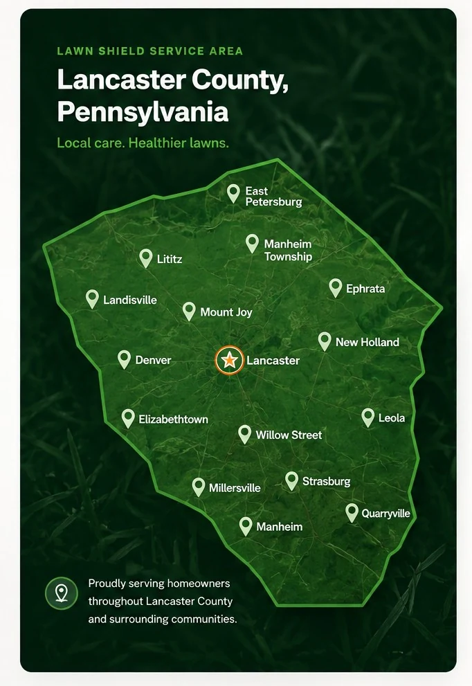 Lawn Shield lawn care service area map showing communities served throughout Lancaster County Pennsylvania