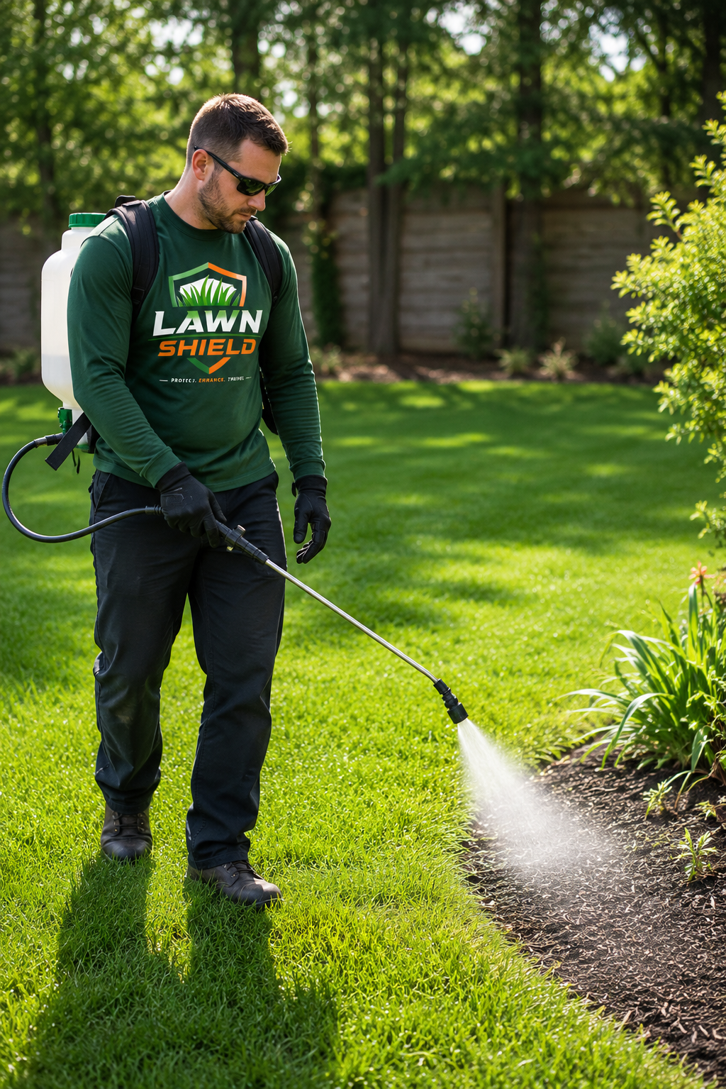 Lawn Shield technician applying targeted lawn treatment to a residential lawn