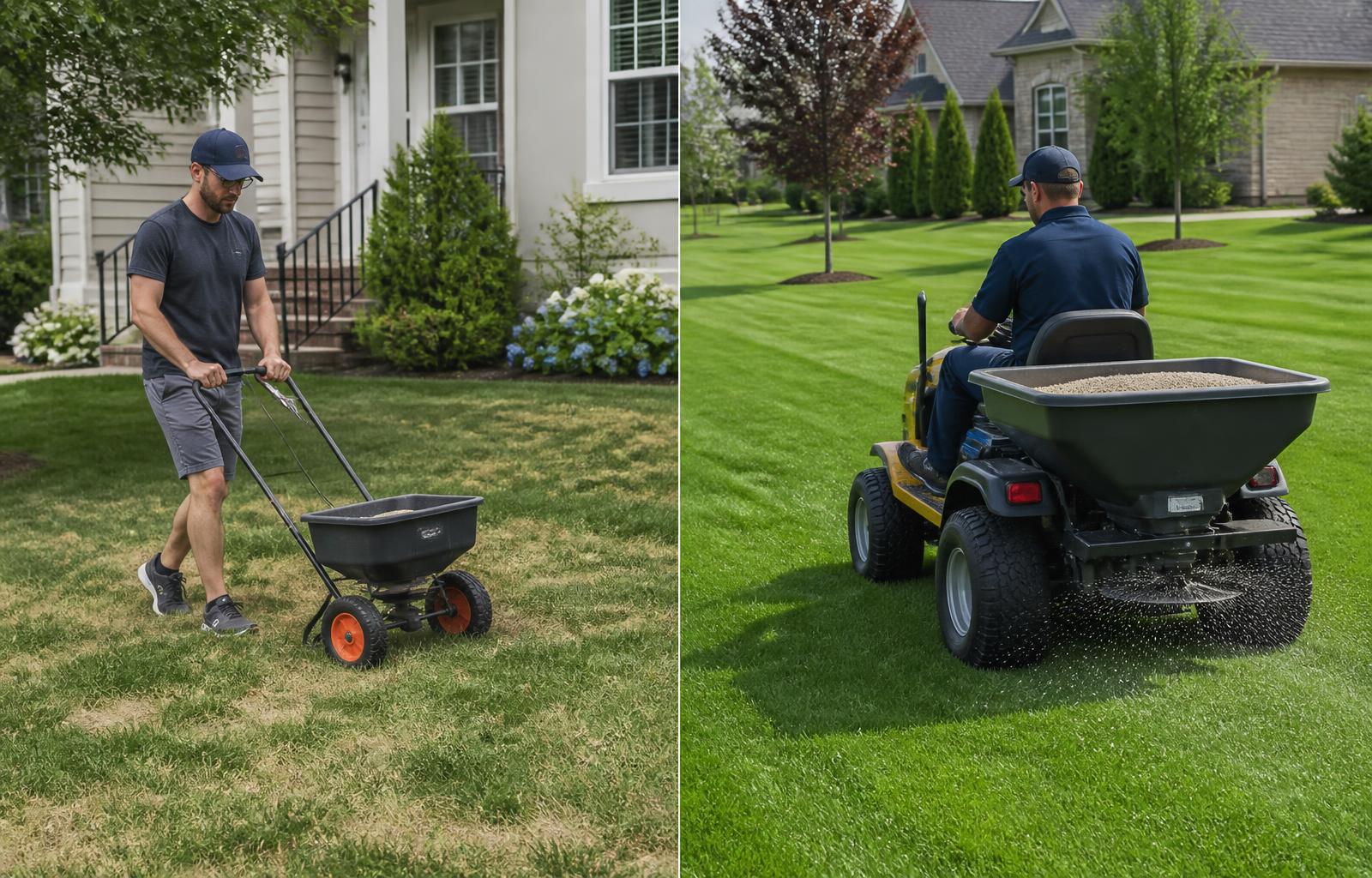 Homeowner with a push spreader beside a professional technician on a commercial ride-on spreader