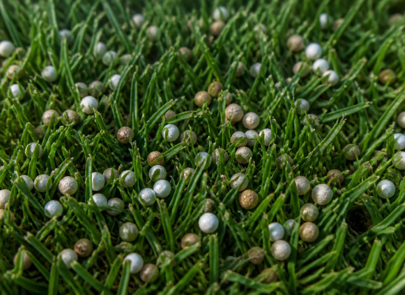 Granular lawn fertilizer prills resting on healthy green turfgrass