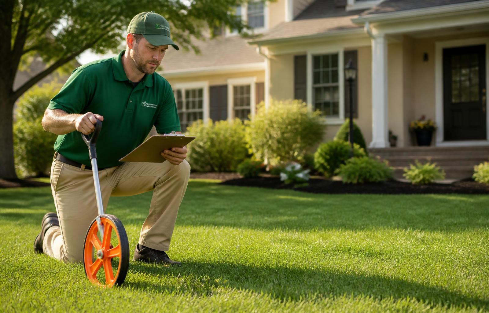 Lawn care technician measuring a Lancaster County lawn while preparing an estimate