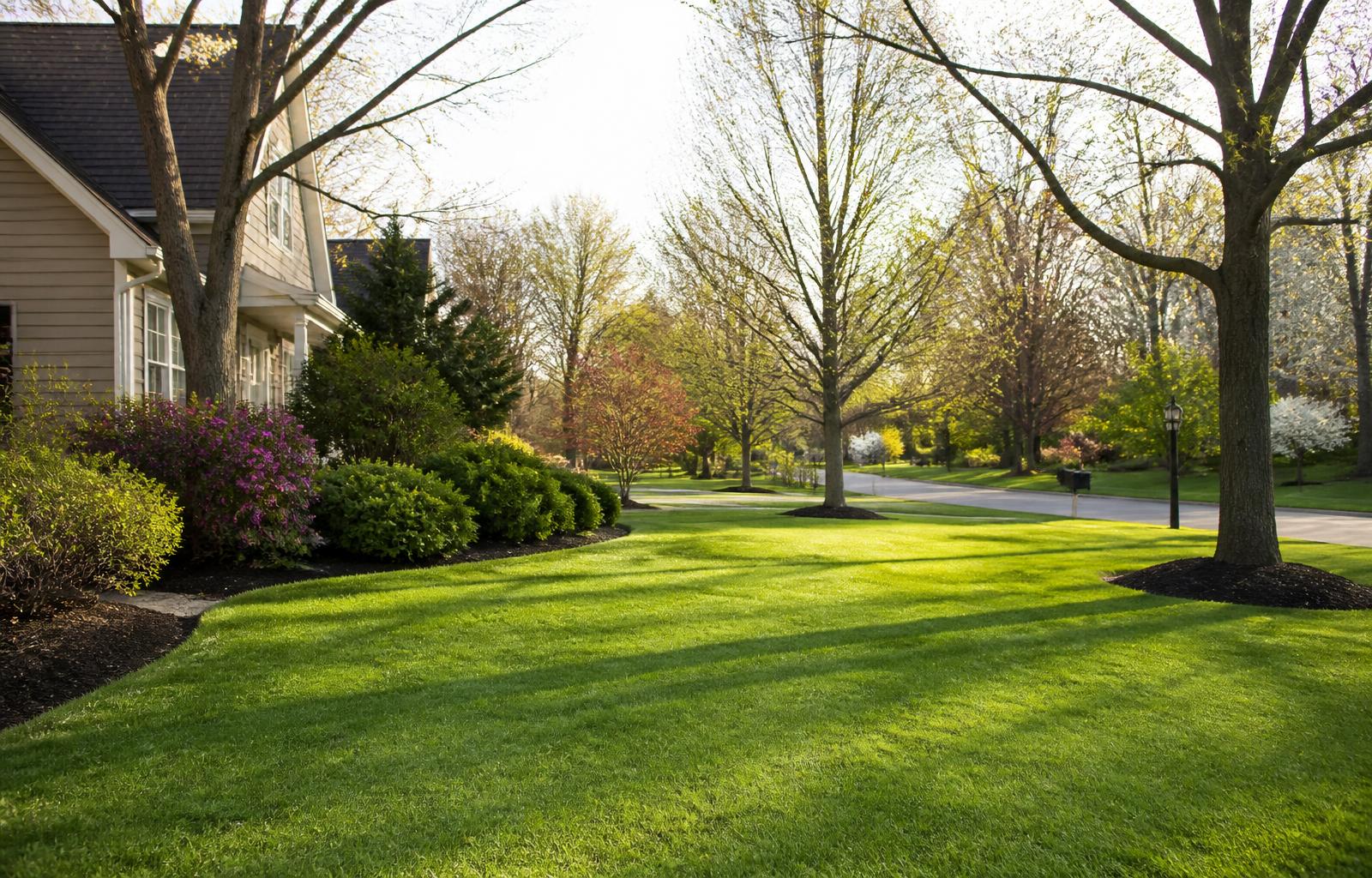Healthy green Pennsylvania front lawn in early spring with budding trees