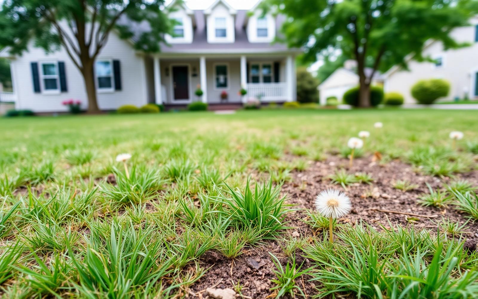 Thin, patchy, weed filled lawn before professional lawn treatments