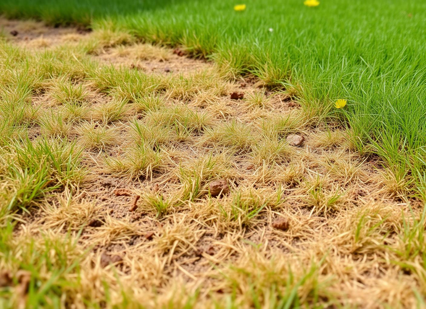 Large brown straw-colored patches in a cool-season home lawn next to still-green turf