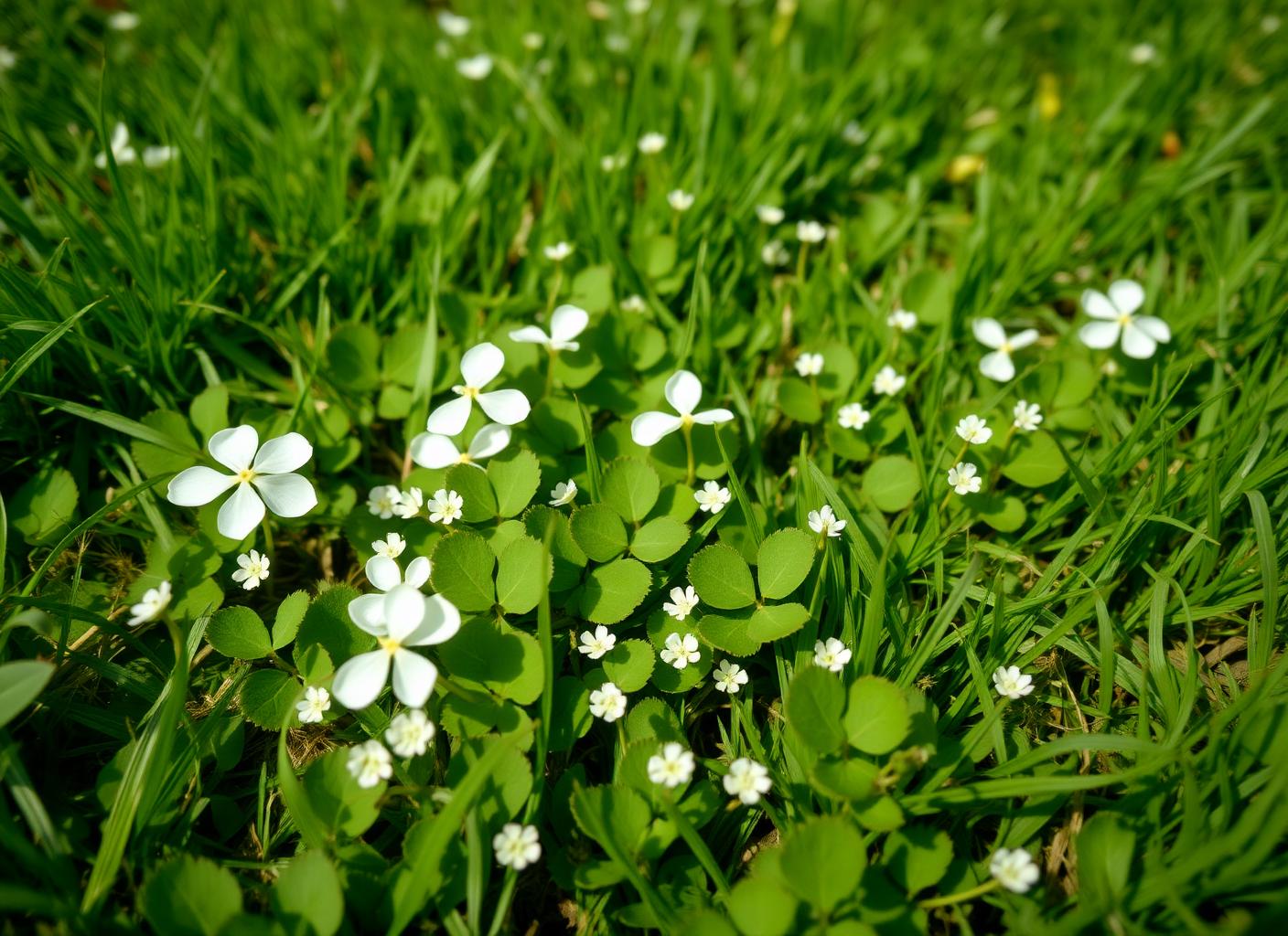 White clover with three-part leaves and white flower heads spreading through lawn grass