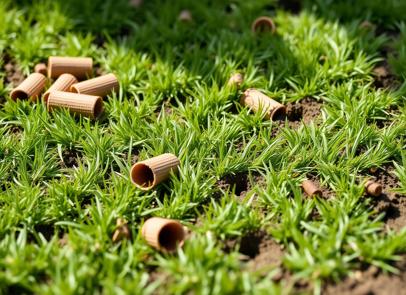 Soil cores pulled from a lawn by a core aerator lying on green turf