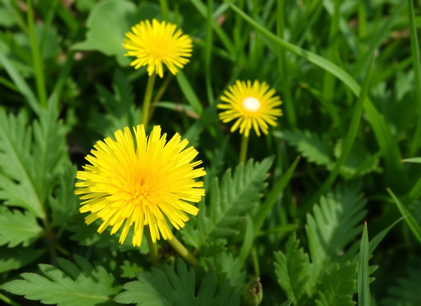 Yellow dandelion flowers and toothed leaves growing in a green lawn