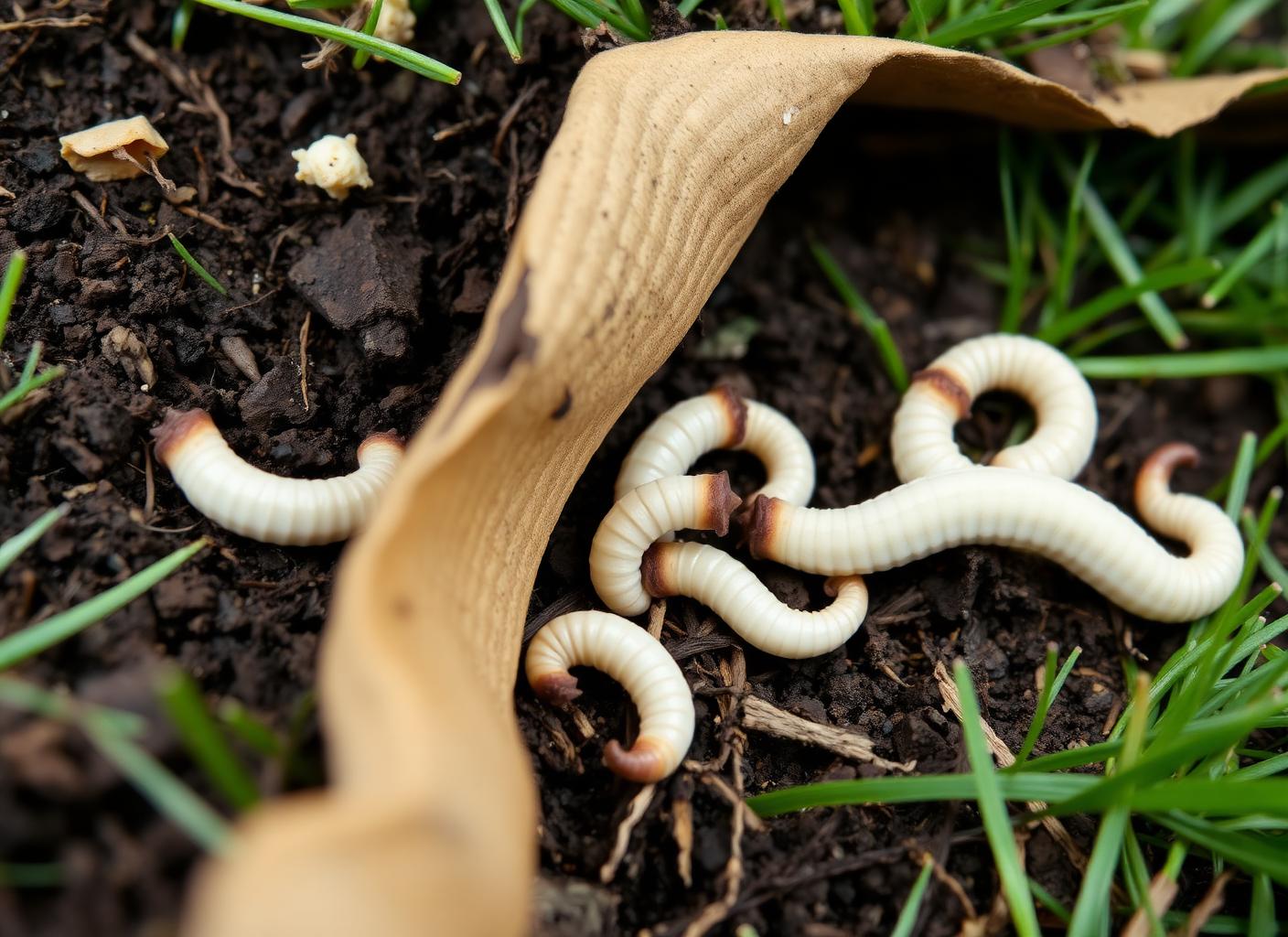 White C-shaped grub larvae in the soil beneath lifted turf
